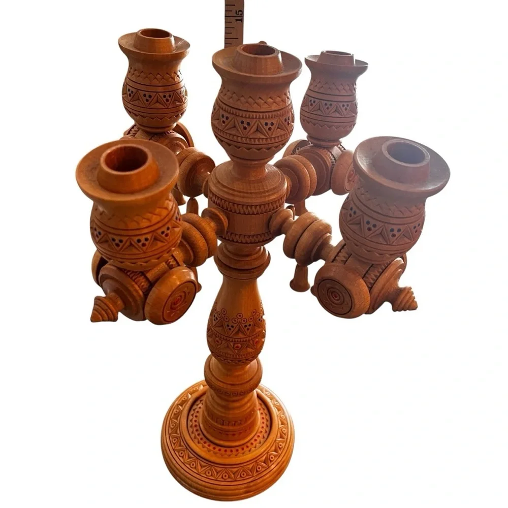 Large 14” Scandinavian German Turned Wood Beaded 5 Arm Candelabra